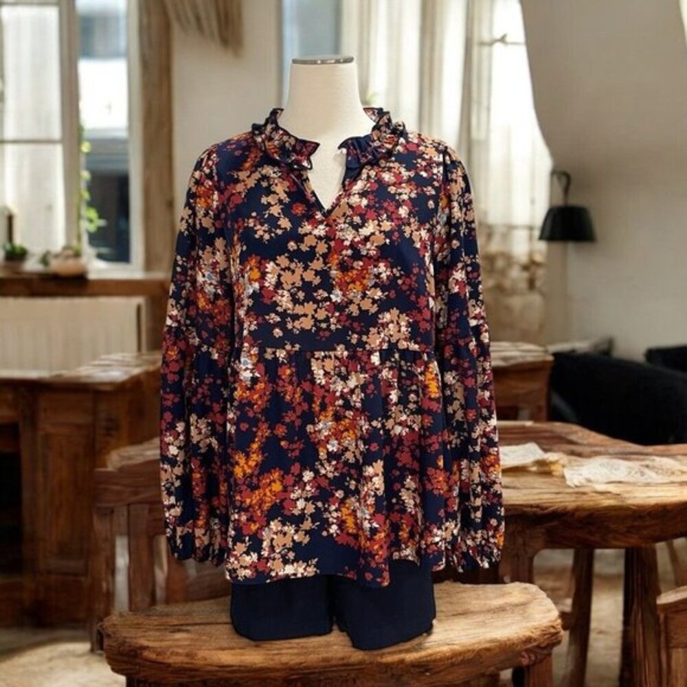 Hailey And Co Floral Ruffle Blouse Womens Large Boho‎ Cottagecore Fall Top